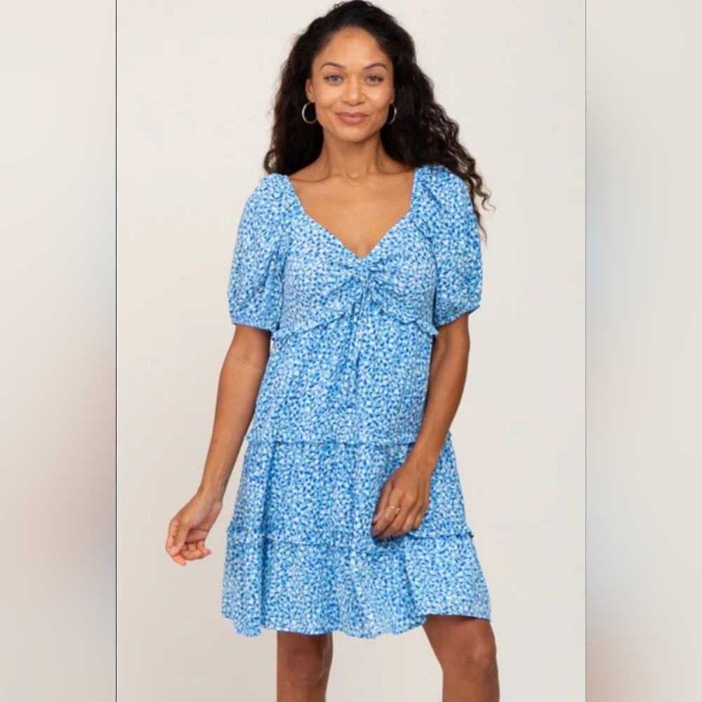 Blue Leopard Print Front Tie Ruffle Tiered Dress